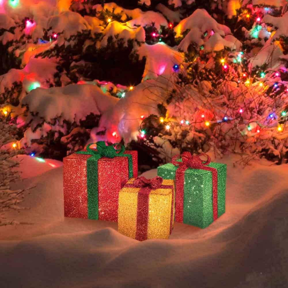 Set of Three Red, Gold, Green LED Tinsel Presents