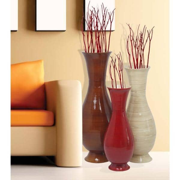 Set of 3 Tall Decorative Bamboo Floor Vases in Brown, Red, and Natural