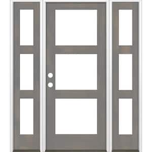 64 in. x 80 in. Modern Hemlock Right-Hand/Inswing 3-Lite Clear Glass Grey Stain Wood Prehung Front Door with Sidelites