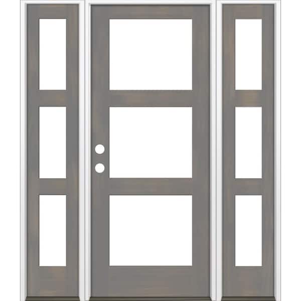 Krosswood Doors 64 in. x 80 in. Modern Hemlock Right-Hand/Inswing 3-Lite Clear Glass Grey Stain Wood Prehung Front Door with Sidelites