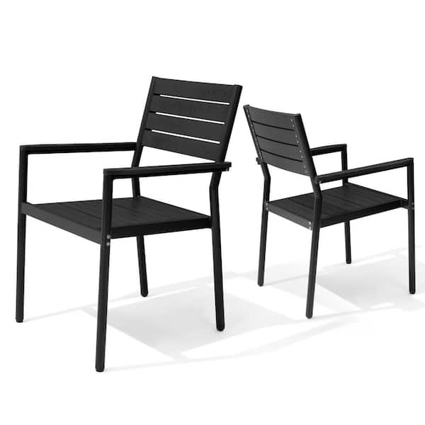 Aluminum Frame Stackable Patio Outdoor Dining Chairs with Wood Plastic Composite Panels, Black (Set of 2)