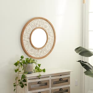 32 in. x 32 in. Round Framed White Floral Wall Mirror with Embossed Metal