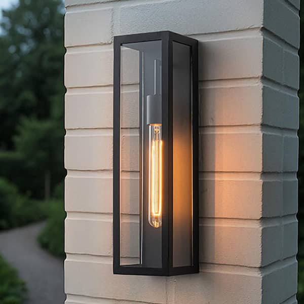 H18" 1-Light Modern Minimalist Black Outdoor Wall Lantern with Clear Glass Dusk to Dawn Open Bottom Wall Sconce