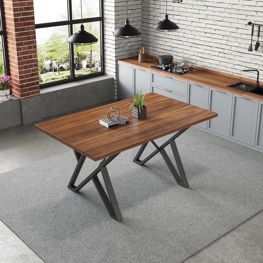 Walnut and Black Industrial Rectangular Dining Table with Metal Base