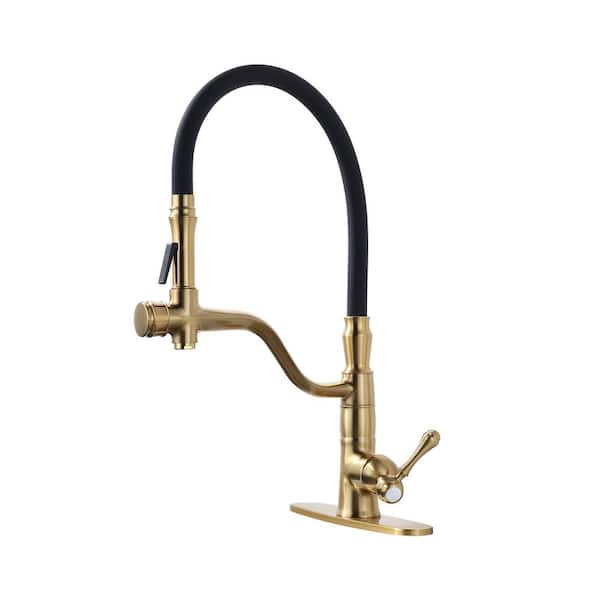 IVIGA Single Handle Brass High Arc Pull Down Sprayer Kitchen Faucet with Deckplate Included in Brushed Gold