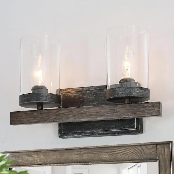 LNC Modern Farmhouse Bathroom Vanity Light, 13.5 in. 2-Light Brushed Black Country Wall Sconce with Clear Glass Shades