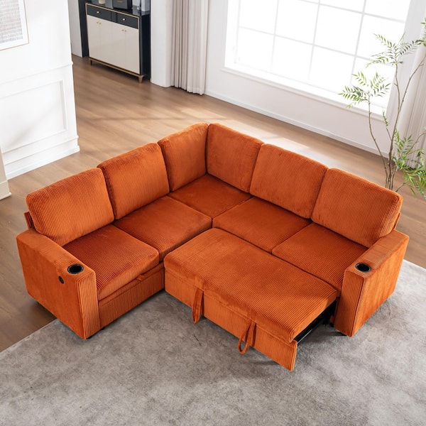 Eldric 83.6 in. Corduroy Modular Convertible Sectional Sofa Bed in. Orange with Storage, Cup Holders, USB Ports
