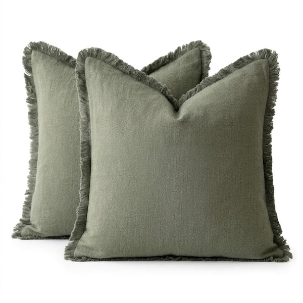 Olive Green Tassels 18 in. x 18 in. Throw Pillow Cover Set of 2