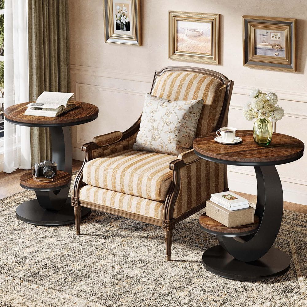 Kerlin 19.7 in. Brown and Black 2-Tier Round Wood Side Table, C Table for Living Room, Bedroom and More, 2-Pieces