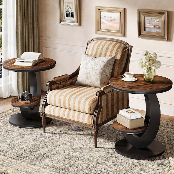 Kerlin 19.7 in. Brown and Black 2-Tier Round Wood Side Table, C Table for Living Room, Bedroom and More, 2-Pieces