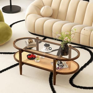 2-Tier 40 in. Brown Oval Tempered Glass Top Coffee Table with PE Rattan Shelf And Acacia Wood Frame