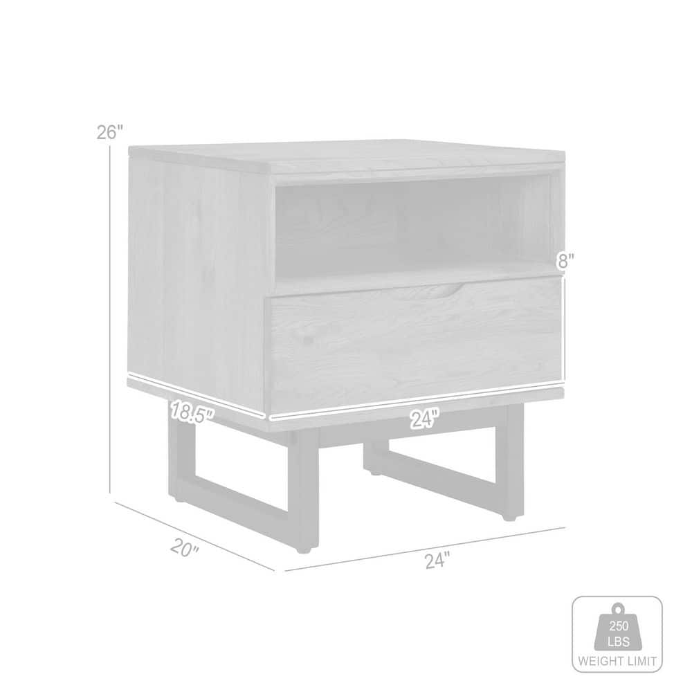 Brown Oak Wood Nightstand with Black Metal Base and Drawer