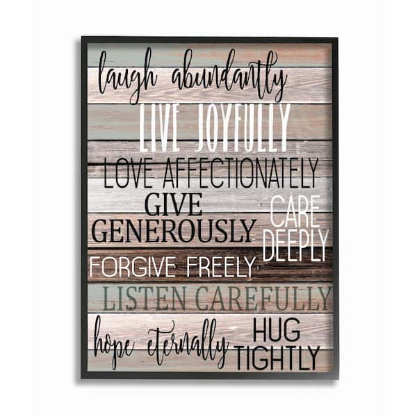 Stupell Industries Live Joyfully Phrases on Wood Grain Brown Tan Teal By Kim Allen Framed Print Country Texturized Art 24 in. x 30 in.