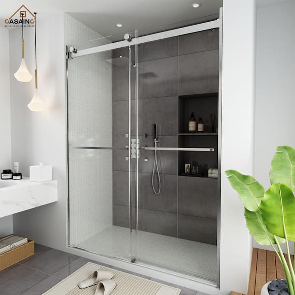 60 in. W x 76 in. H Frameless Double Sliding Shower Door in Brushed Nickel with Clear Shower Glass