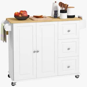 Rubberwood Top 45.25  in.. Kitchen Island Cart with Drop Leaf with 3-Drawers, Spice Rack and Towel Rack, White