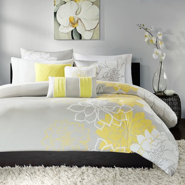 Madison Park Brianna Taupe Grey/Yellow Cotton King/California King Duvet Cover Set