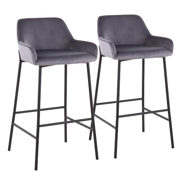 Lumisource Daniella 38 in. Fixed Height Silver Velvet and Black Steel Bar Stool (Set of 2)