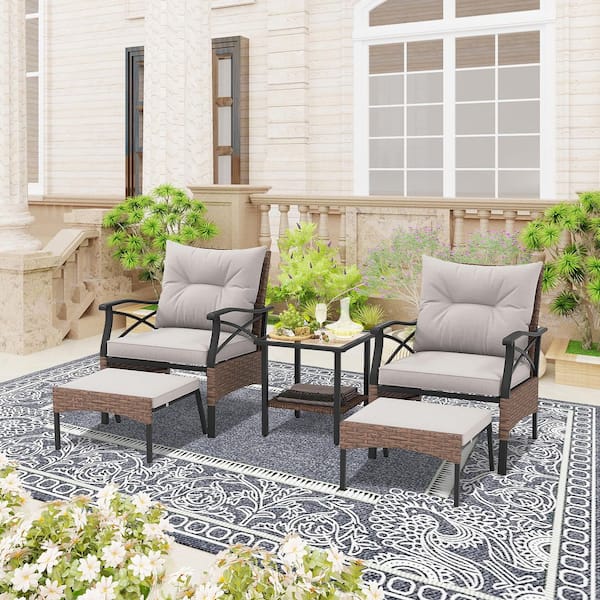 5 Pieces Wicker Patio Furniture Set with Gray Cushions