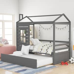 Wood Gray Twin Size House Bed with Trundle