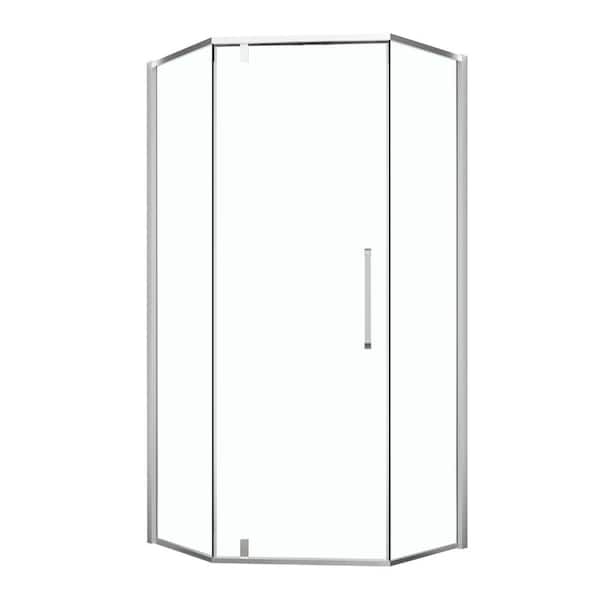 34-1/8 in. x 72 in. Semi-Frameless Neo-Angle Corner Hinged Shower Door Shower Enclosure in Chrome with Clear Glass