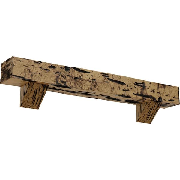 Ekena Millwork 6 in. x 10 in. x 7 ft. Pecky Cypress Faux Wood Fireplace Mantel Kit with Breckinridge Corbels, Natural Golden Oak