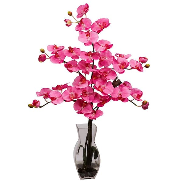 Nearly Natural 29 in. H Dark Pink Phalaenopsis with Vase Silk Flower Arrangement