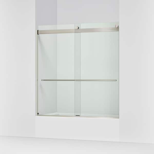 Claro 57 - 60 in. W x 62 in. H Frameless Sliding Tub Door in Brushed Nickel with 1/4 in. Thick Clear Tempered Glass
