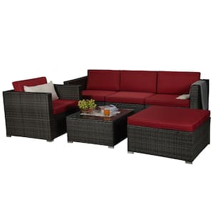 Gray 6-Piece PE Rattan Wicker Outdoor Patio Sectional Set, Sofa Set with Red Cushions, Coffee Table, Ottoman