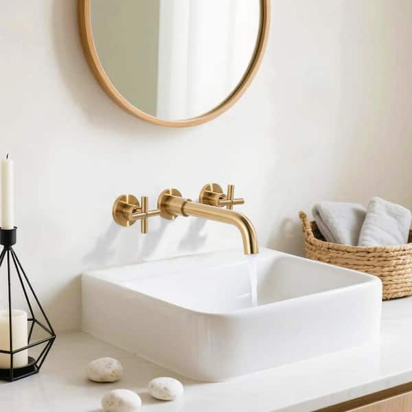 Double Handle Wall Mounted Bathroom Faucet with Brass Rough in Valve and Lever Handle in Gold