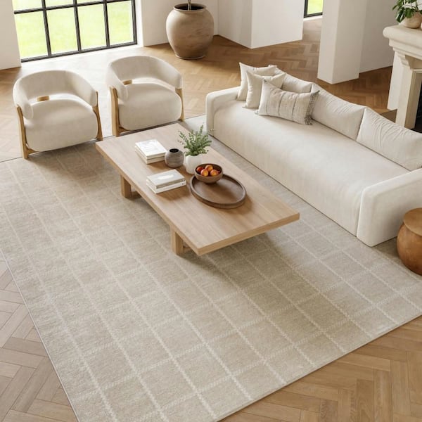 Serenity Home Ivory Cream 8 ft. x 10 ft. Linear Contemporary Area Rug