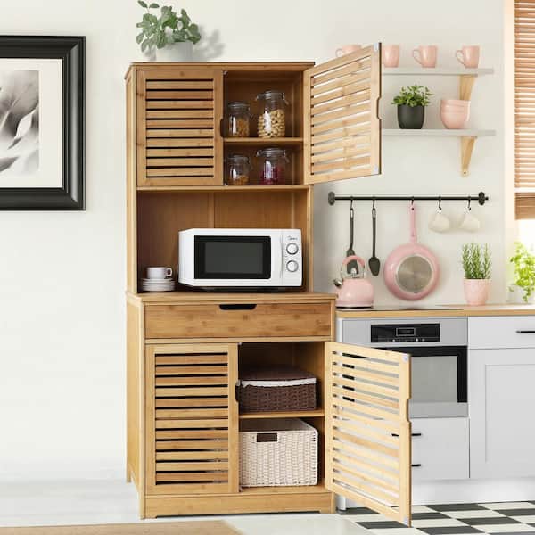 VEIKOUS Light wood Natural Bamboo 29.7 in. W Kitchen Pantry Cabinet Storage Hutch with Large Storage Space