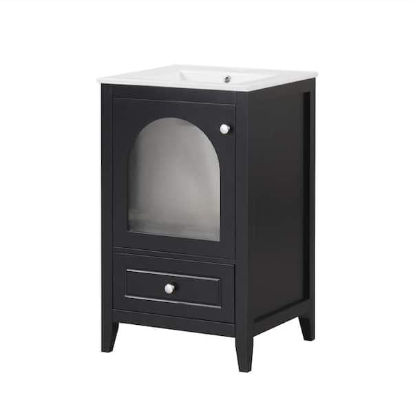 20 in. W x 18 in. D x 34 in. H Single Sink Freestanding Bath Vanity in Black with White Ceramic Top