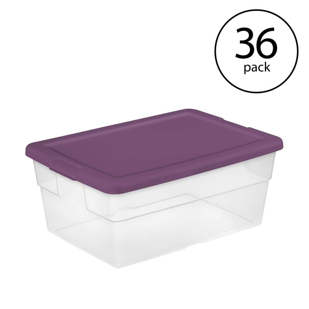 Sterilite 18 Gal Storage Tote, Stackable Bin with Lid, Plastic Container to  Organize Halloween Decorations in Closet, Purple Base and Lid, 16-Pack