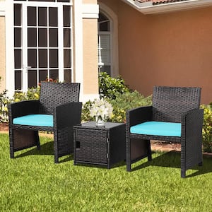3-Pieces Patio PE Rattan Conversation Furniture Set Bistro Set with Waterproof Cover Turquoise
