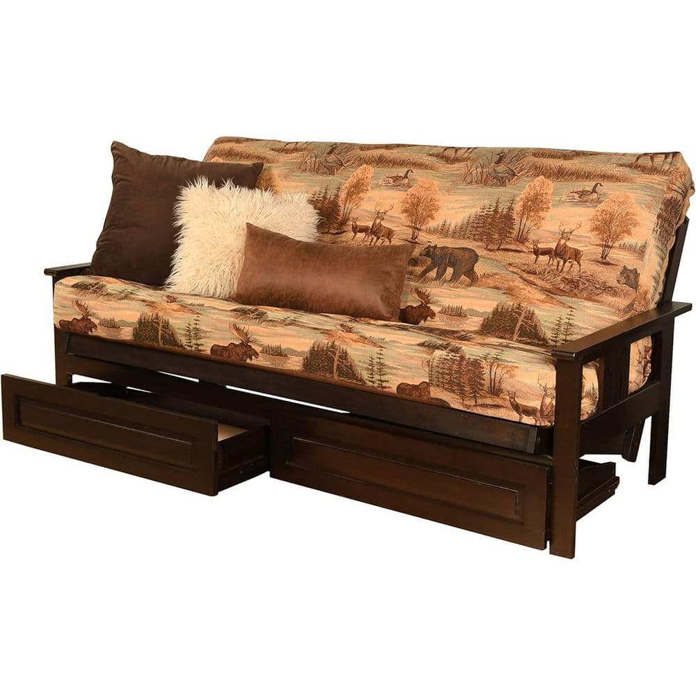 79 in. Espresso/Canadian Polyester Upholstered Full Size Futon Set with Mattress and Storage Drawers