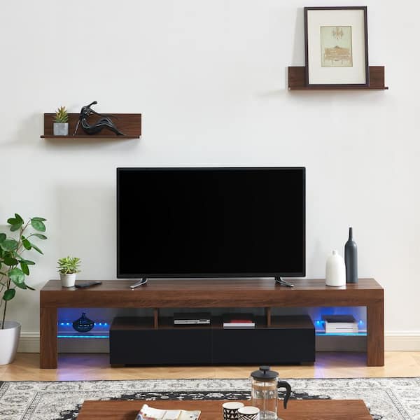 Edwin's Choice 79 in. Dark Walnut & Black Wooden TV Stand with 2 Storage Drawers Fits TV's up to 88 in. with Cable Management