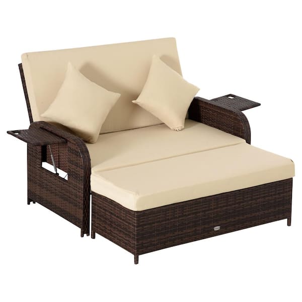 Outsunny Patio Wicker Outdoor Loveseat Sofa Set with Beige Cushions