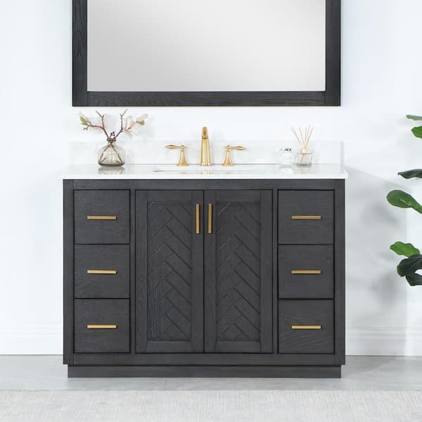 Altair Gazsi 48 in. W x 22 in. D x 34 in. H Bath Vanity in Brown Oak with Grain White Composite Stone Top