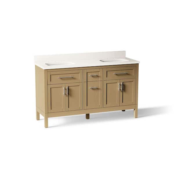 Hadron 61 in. Double Sink Freestanding Light Oak Bath Vanity with White Quartz Top Assembled