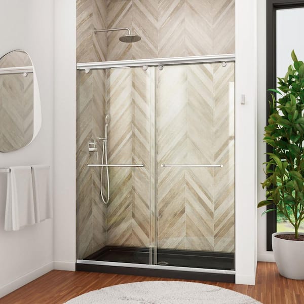 DreamLine Charisma 34 in. x 60 in. x 78.75 in. Semi-Frameless Sliding Shower Door in Chrome with Center Drain Shower Base
