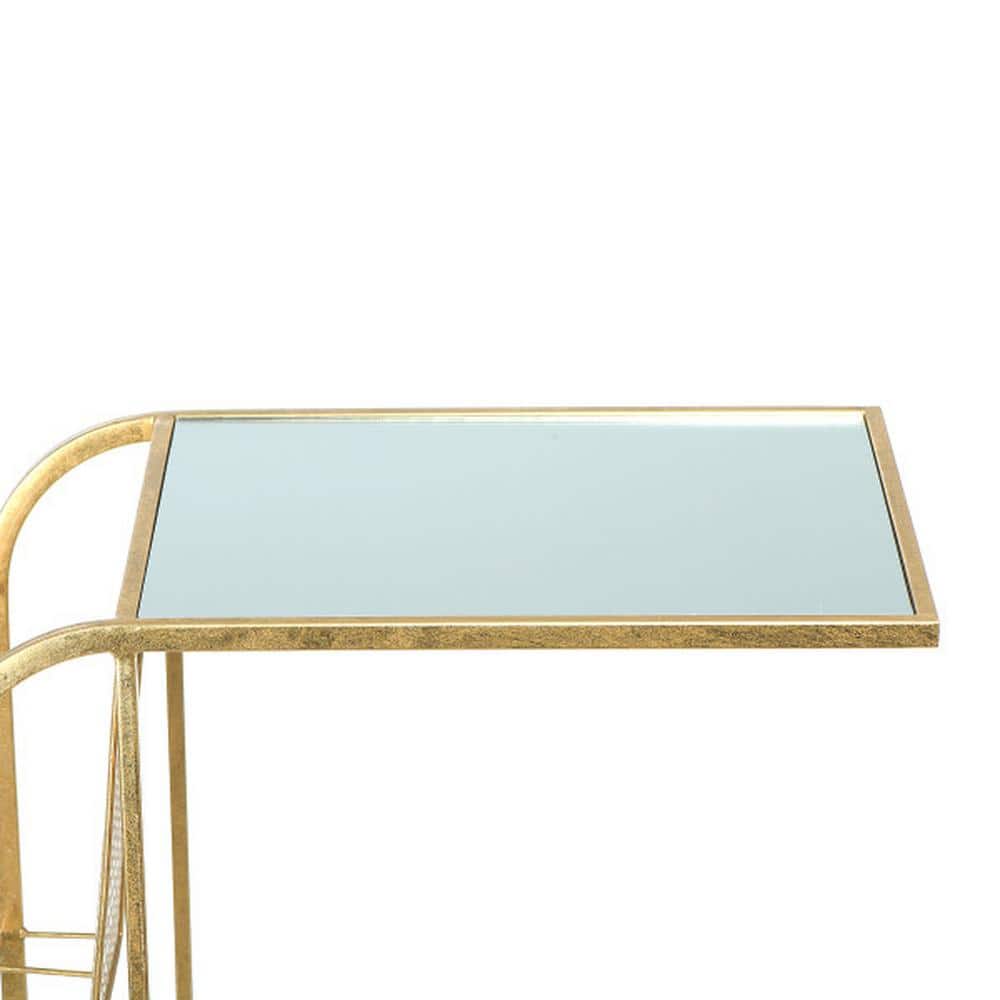 Gold Mirrored Metal Side Table with Magazine Rack, 27.5"