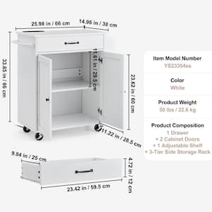 Kitchen Island Cart Rolling Storage Cabinet on Wheel, White Kitchen Cart with Drawer and Shelves