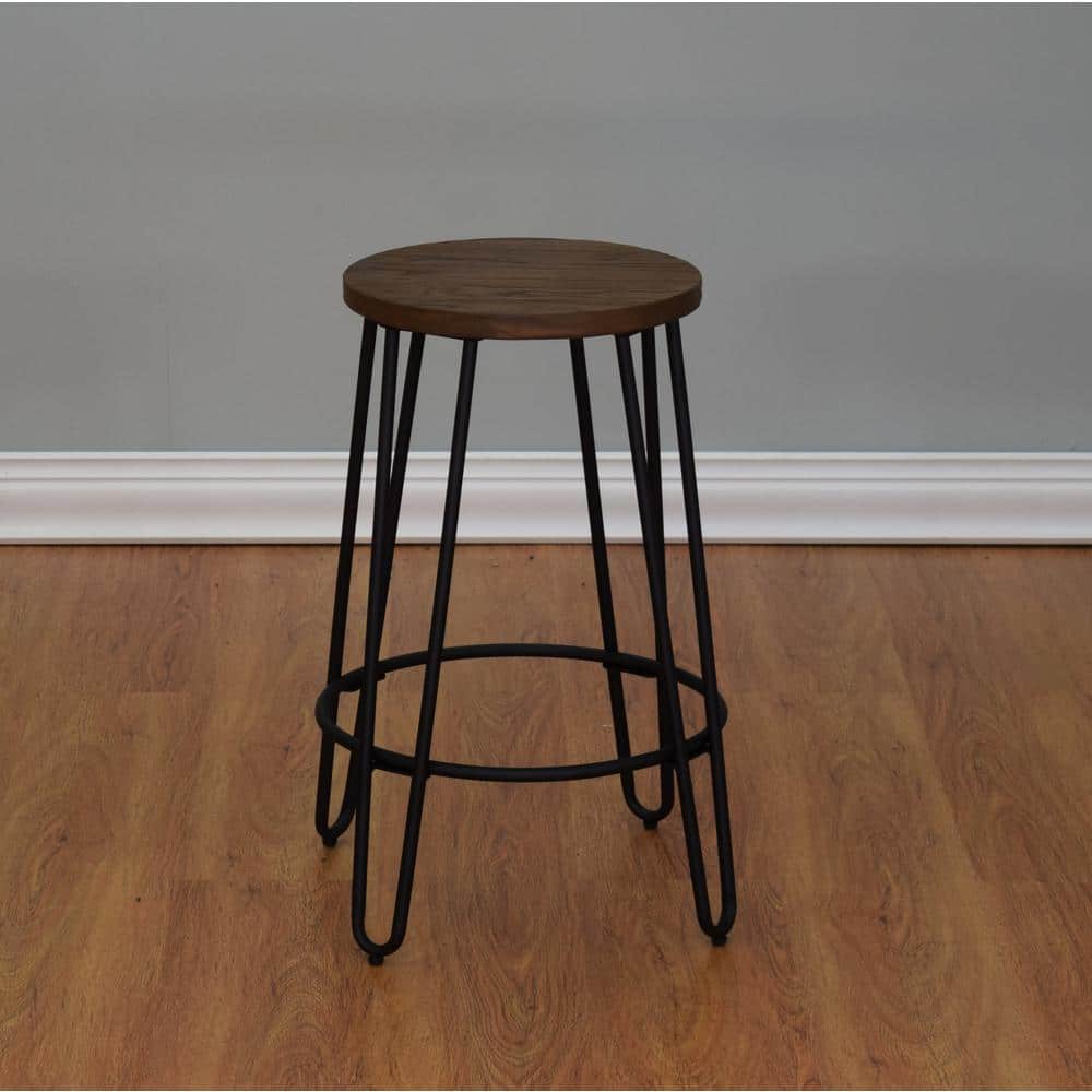 Industrial Black Steel and Wood 24" Backless Counter Stool