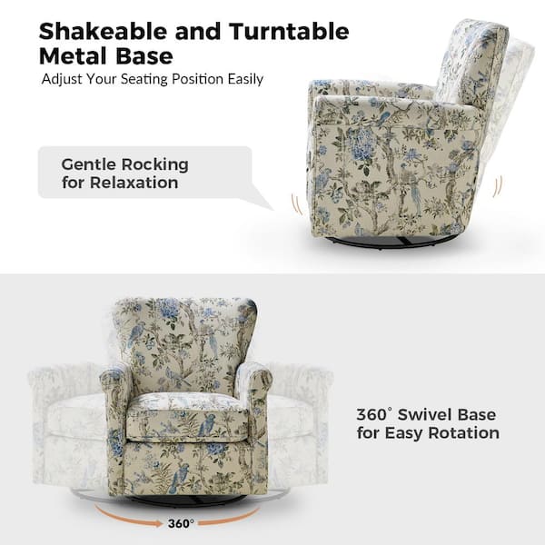 Georg Bird Floral Fabric Shakeable Swivel Chair with Roll Armrest