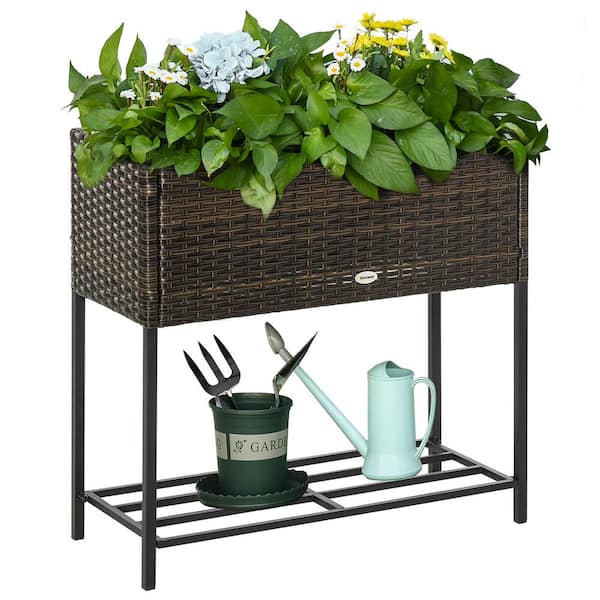Otryad 28 in. L x 12 in. W x 28 in. H Brown Rattan Raised Garden Bed, Outdoor Elevated Planter Box with Tool Storage Shelf