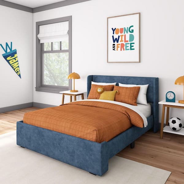 Blue Full Upholstered Bed with Headboard