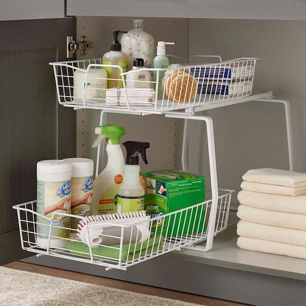 2-Tier Sliding Basket Drawers Bathroom Kitchen Bedroom Storage Cabinet Sturdy 