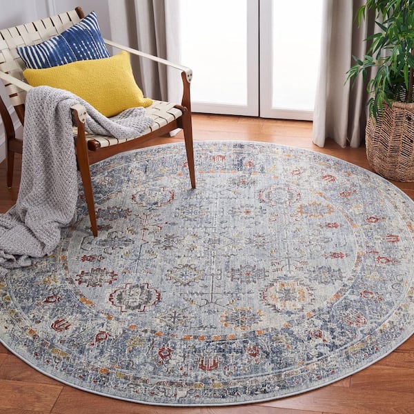 History 7 ft. x 7 ft. Light Gray/Navy Distressed Border Round Area Rug