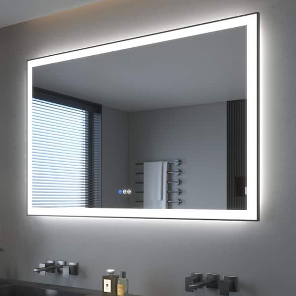 60 in. W x 30 in. H Rectangular Framed LED Anti-Fog Wall Bathroom Vanity Mirror in Black with Backlit and Front Light