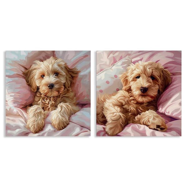 Stupell Industries Cuddling Labradoodle in Bed by Jim Baldwin 2-Pieces Unframed Animal Graphic Art Print 17 in. x 17 in.